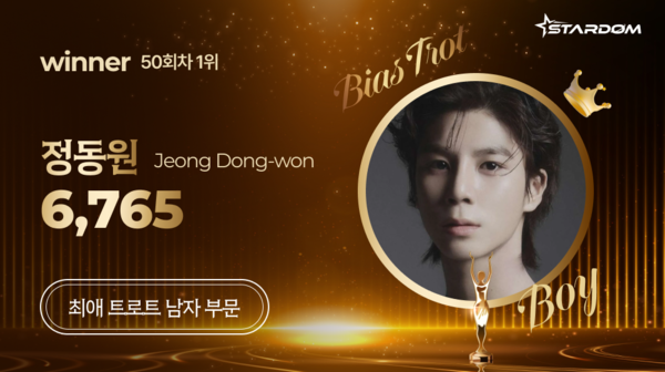 ▲ 정동원이 5월 셋째주 스타덤 '최애 트롯스타' 남자부문 주간랭킹에서 1위를 차지한 투표결과 이미지. 제공|스타덤