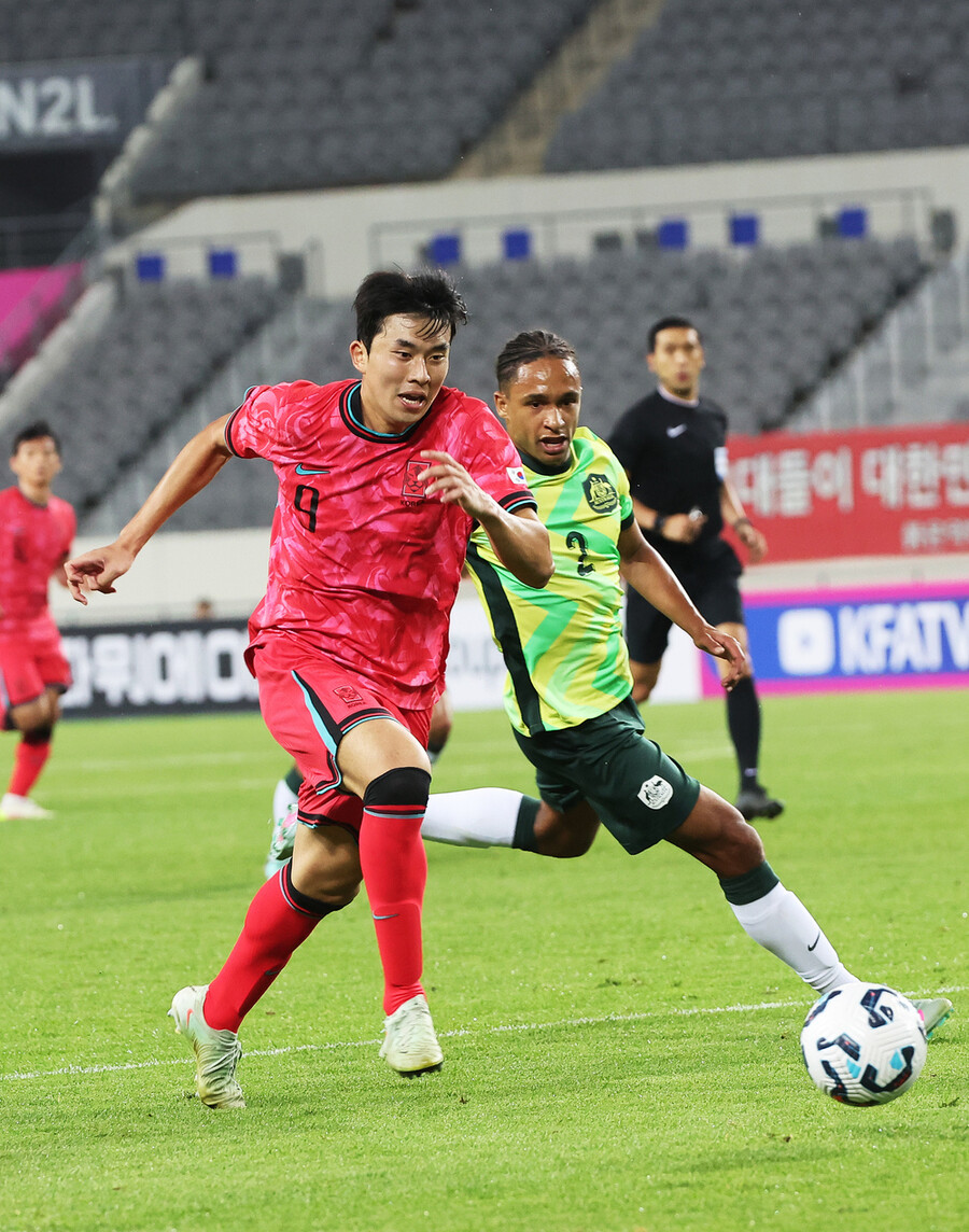 ▲ 5일 오후 용인 미르스타디움에서 대한민국 22세 이하(U-22) 대표팀과 호주 U-22 대표팀의 친선경기가 열렸다. 이민성호의 데뷔전으로 치러진 이날 양팀은 득점없이 무승부로 마쳤다. ⓒ 연합뉴스