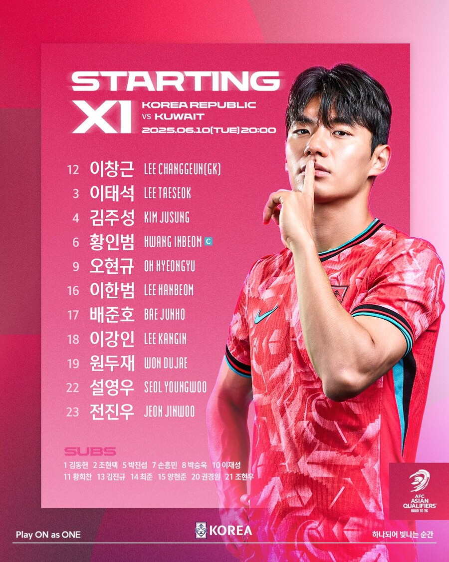 [오피셜] ‘손흥민 벤치-이강인 선발’…‘월드컵 본선 확정’ 홍명보호, 대거 로테이션 가동 