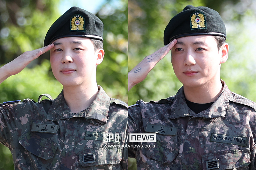 '군복 입고 이렇게 귀여워도 되나' BTS 정국·지민… 전역 후 첫 인사에 수줍은 미소