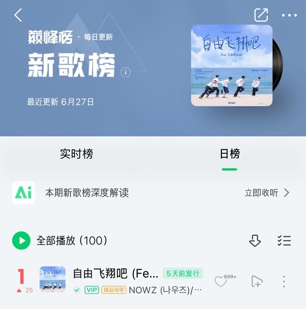 ▲ '자유롭게 날아'가 중국 QQ뮤직 일간차트 1위에 올랐다. 출처|QQ뮤직 일간차트 캡처