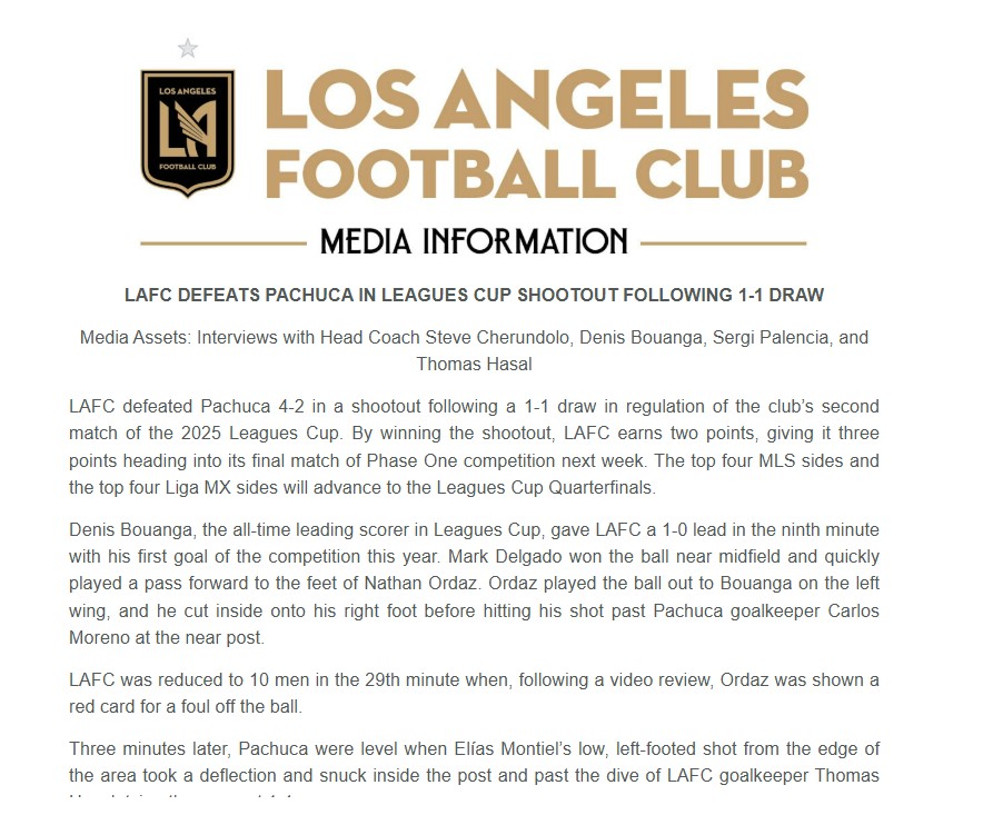 SON '오피셜'도 안 떴는데? LAFC, 일 처리 진짜 빠르네...韓 취재진에게 보도 자료 전달 시작→경기 리뷰 등 포함