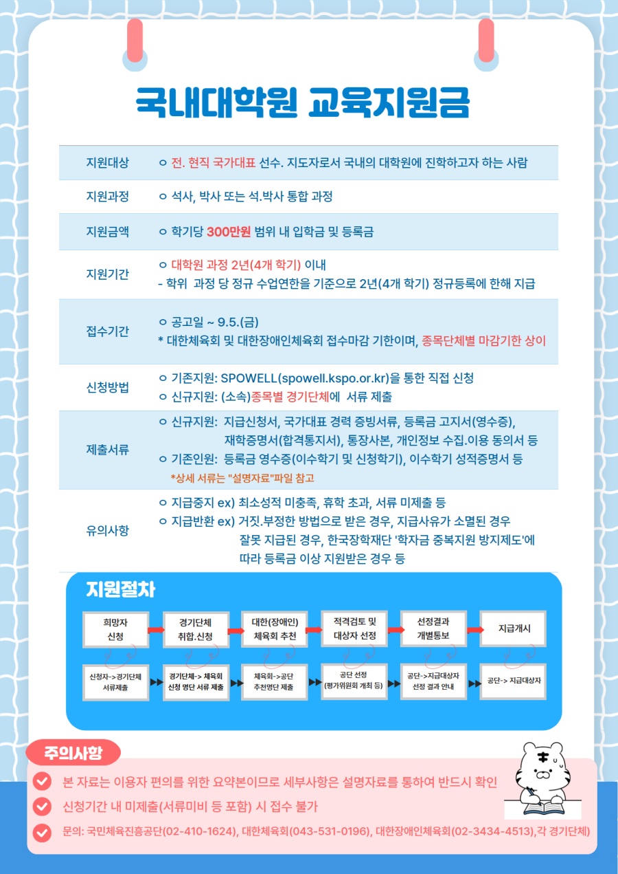 국민체육진흥공단, 2025년 하반기 국내대학원 교육지원금 대상자 모집