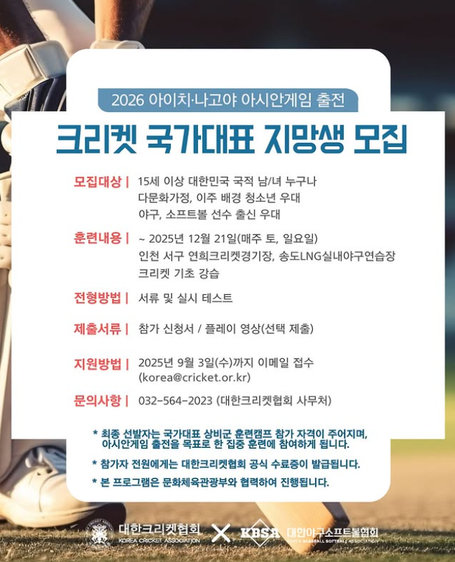 야구·소프트볼 선수 출신 우대합니다…크리켓 국가대표 '오디션' 연다