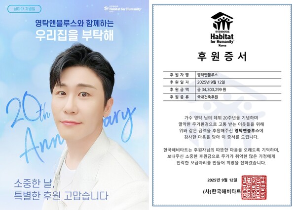 영탁 팬클럽, 데뷔 20주년 맞아 한국해비타트에 3400여만원 기부