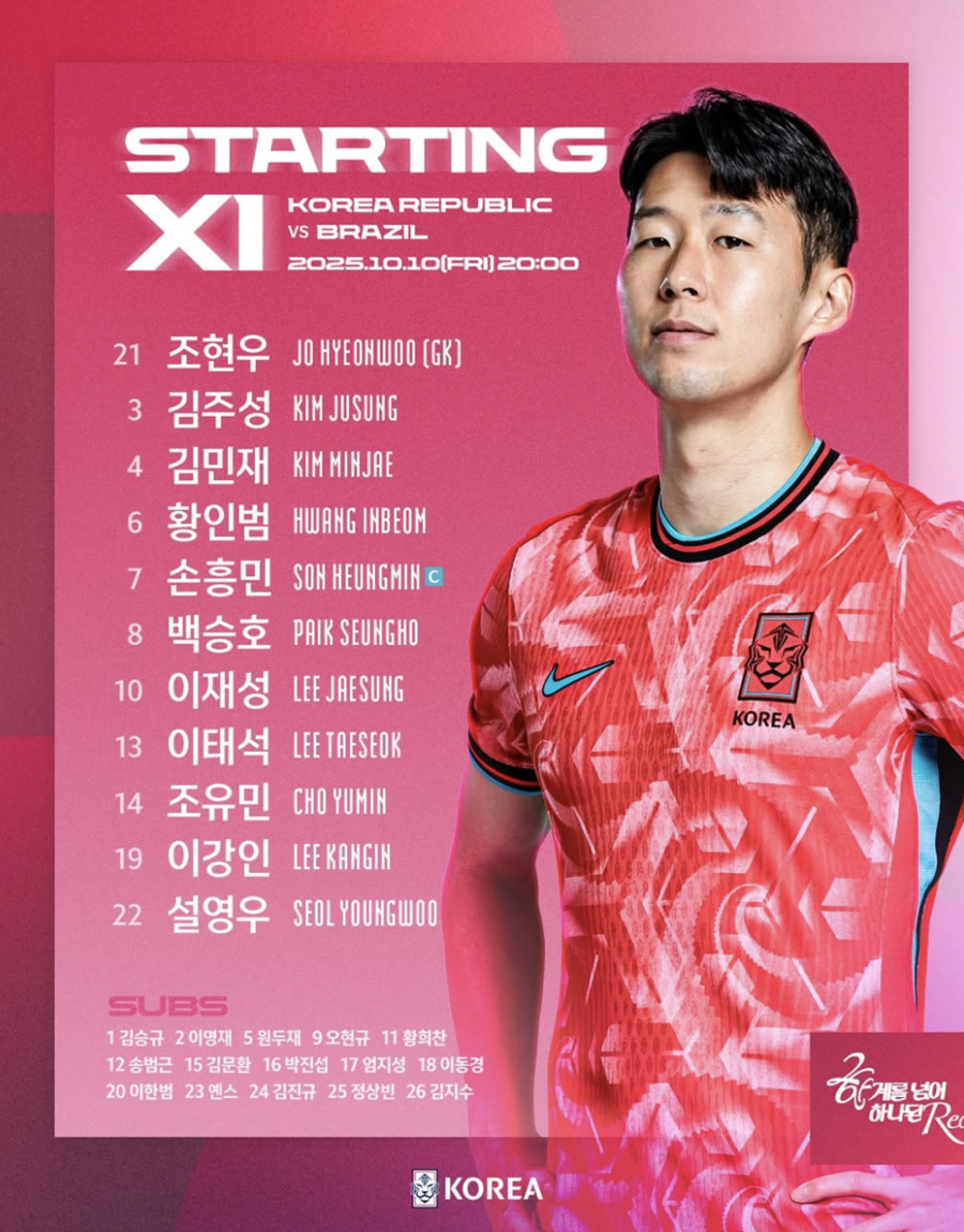 [SPO 현장] ‘캡틴’ 손흥민 출격, 26년 만에 첫 승 도전…홍명보호 브라질전 라인업 발표 ‘이강인-김민재-이재성 선발’