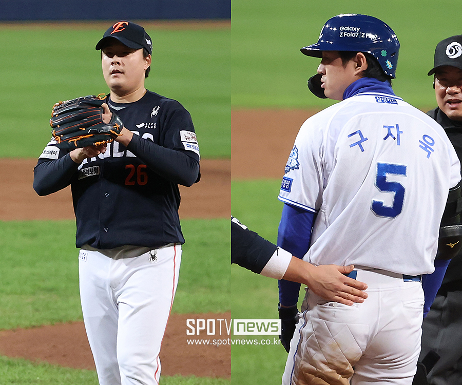'이건 아니잖아!' 사구에 발끈한 구자욱, 한승혁과 미묘한 신경전