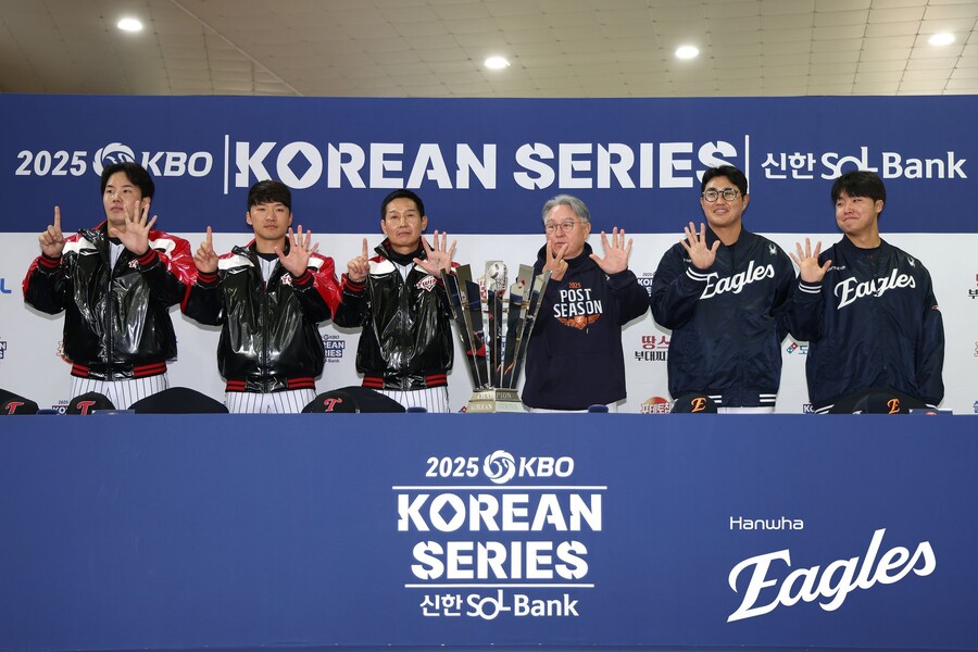 ▲ LG 임찬규, 박해민, 염경엽 감독은 한국시리즈 6차전에서 끝날 것이라고 예상했고 한화 김경문 감독은 7차전, 채은성과 정우주는 5차전에서 종료할 것이라고 내다봤다. ⓒ한화 이글스