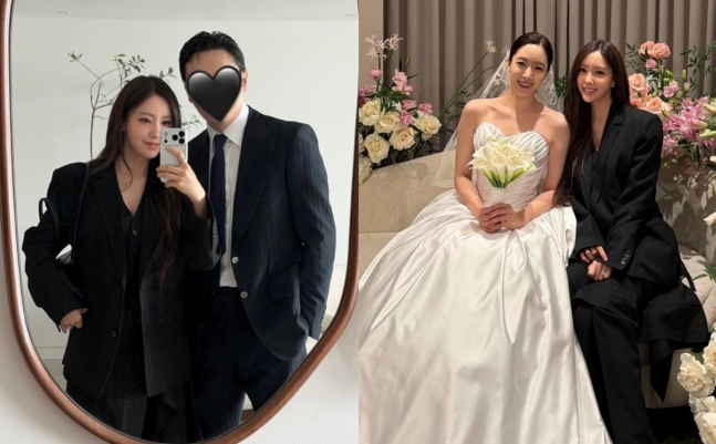 효민, '금융맨 남편♥'과 함은정 결혼식 참석..올블랙 커플룩 '배려 빛났다'