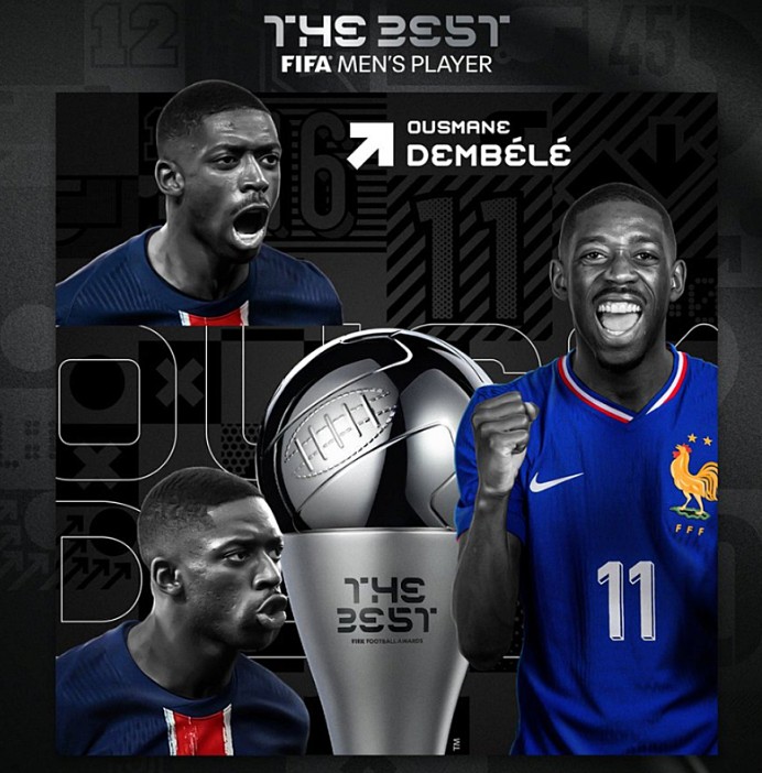 [오피셜] '동료' 이강인도 축하해주겠네...'PSG 에이스' 뎀벨레, 발롱도르 이어 FIFA 올해의 선수상 받았다 '겹경사'