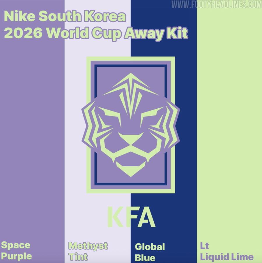 ▲ 축구 용품 전문 매체 푸티 헤드라인스는 5일 "대한민국 2026 월드컵 원정 유니폼은 강렬한 보라색과 라임 컬러 조합이 특징이다. 기본 색상은 스페이스 퍼플이며, 메티스트 틴트, 글로벌 블루, 라이트 리퀴드 라임이 대비와 포인트 컬러로 사용된다"라며 디자인을 공개했다. ⓒ푸티 헤드라인스