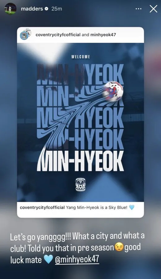 ▲ 손흥민과 남다른 우정을 과시해온 매디슨이 손흥민의 아끼는 후배인 양민혁의 새로운 행선지에 자신의 뿌리가 닿아있음을 강조하며 든든한 조력자를 자처하고 나섰다. ⓒ 매디슨 SNS