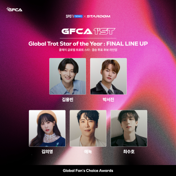 ▲ 글로벌 팬스 초이스 어워즈 '올해의 글로벌 트로트 스타 부문' 3라운드 투표에서 톱5에 올라 최종 결선 라운드에 오른 아티스트들. 제공|스타덤