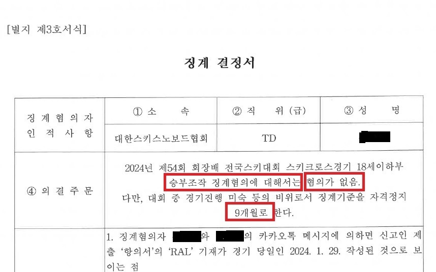 대한스키스노보드협회 스포츠공정위의 징계 결정서. 윤리센터 조사와 반대로 '승부조작' 혐의가 없다고 명시하며 경기진행 미숙에 대한 징계를 의결했다. 스포츠공정위 현장에는 5명의 공정위원이 있었다. 