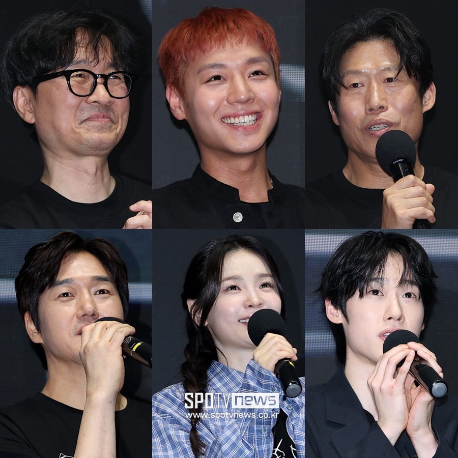 ▲ 사진 왼쪽 위부터 시계방향으로 '왕과 사는 남자' 흥행 감사 무대인사에 나선 장항준 감독, 박지훈, 유해진, 김민, 전미도, 유지태.  ⓒ곽혜미 기자