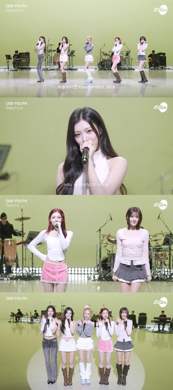 ▲ 19일 공개된 유튜브 채널 '잇츠 라이브'에서 신곡 '베이비페이스' 라이브 무대를 선사한 오드유스. '잇츠 라이브' 영상 캡처