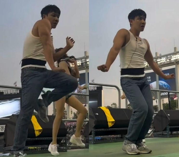 ▲ 이준의 열정적인 퍼포먼스에 딘딘이 존경을 표했다. 출처|'워크맨' 공식 SNS