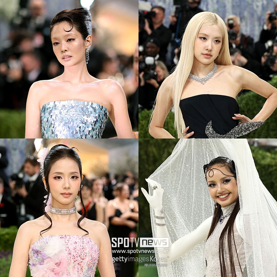 ▲ 4일(현지시간) 뉴욕에서 열린 2026 멧 갈라에 참석한 블랙핑크 멤버들. 왼쪽 위부터 시계방향으로 제니, 로제, 리사, 지수. ⓒ게티이미지
