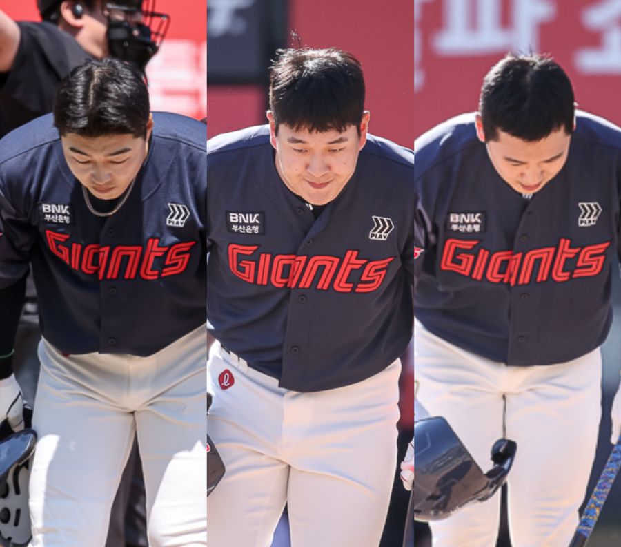 ▲ 30경기 출장정지를 마치고 돌아온 고승민, 나승엽, 김세민이 팬들에게 허리 숙여 사과의 뜻을 전하고 있다. ⓒ롯데 자이언츠