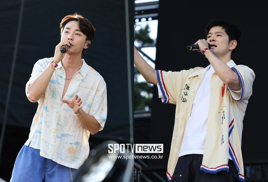 ▲ '뷰티풀 민트 라이프 2026' 2일 차 공연에 출연한 가수 로이킴(왼쪽)과 장기하. ⓒ홍혜민 기자