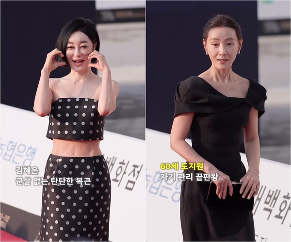 60세 도지원→53세 김혜은, 아찔한 쇄골과 11자 복근 드러낸 파격 레드카펫룩...중년의 반란