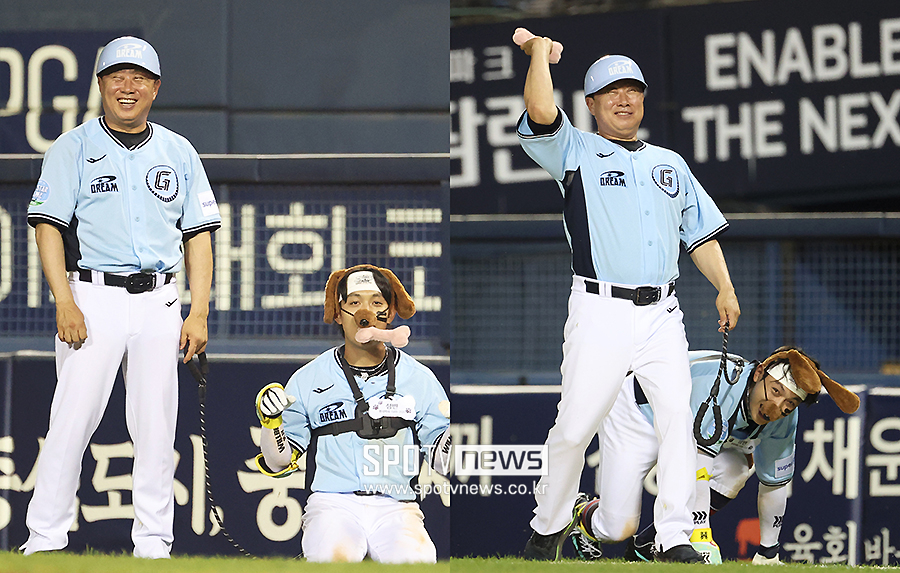 '견주' 김태형 감독도 빵 터졌다!…강아지로 변신한 황성빈과 올스타전 '최고의 호흡'