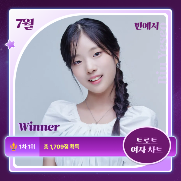 빈예서, 트로트리그 7월 1차투표 1위…'7월의 아티스트' 보인다