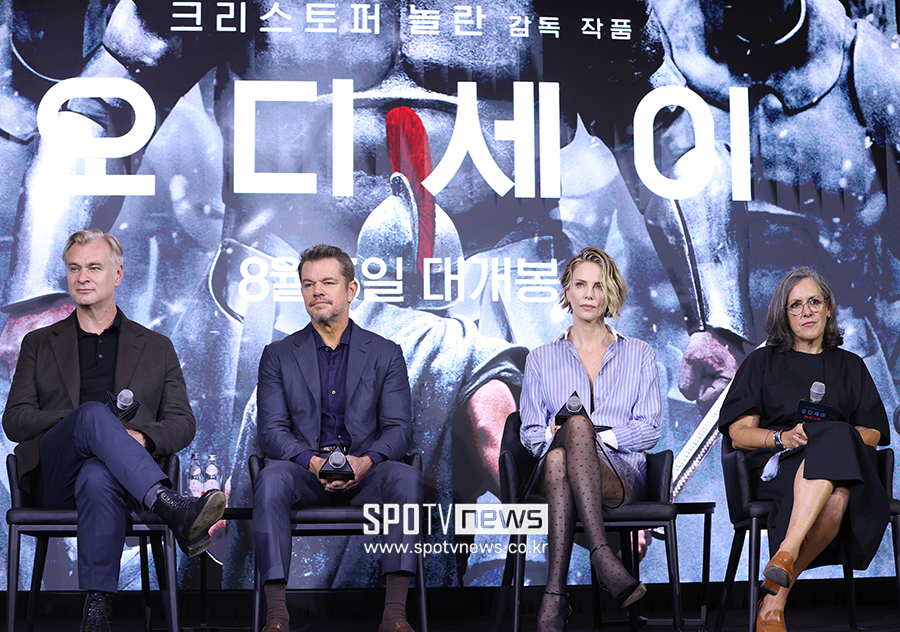 ▲ 샤를리즈 테론 크리스토퍼 놀란 감독 엠마 토마스 프로듀서 맷 데이먼 ⓒ곽혜미 기자
