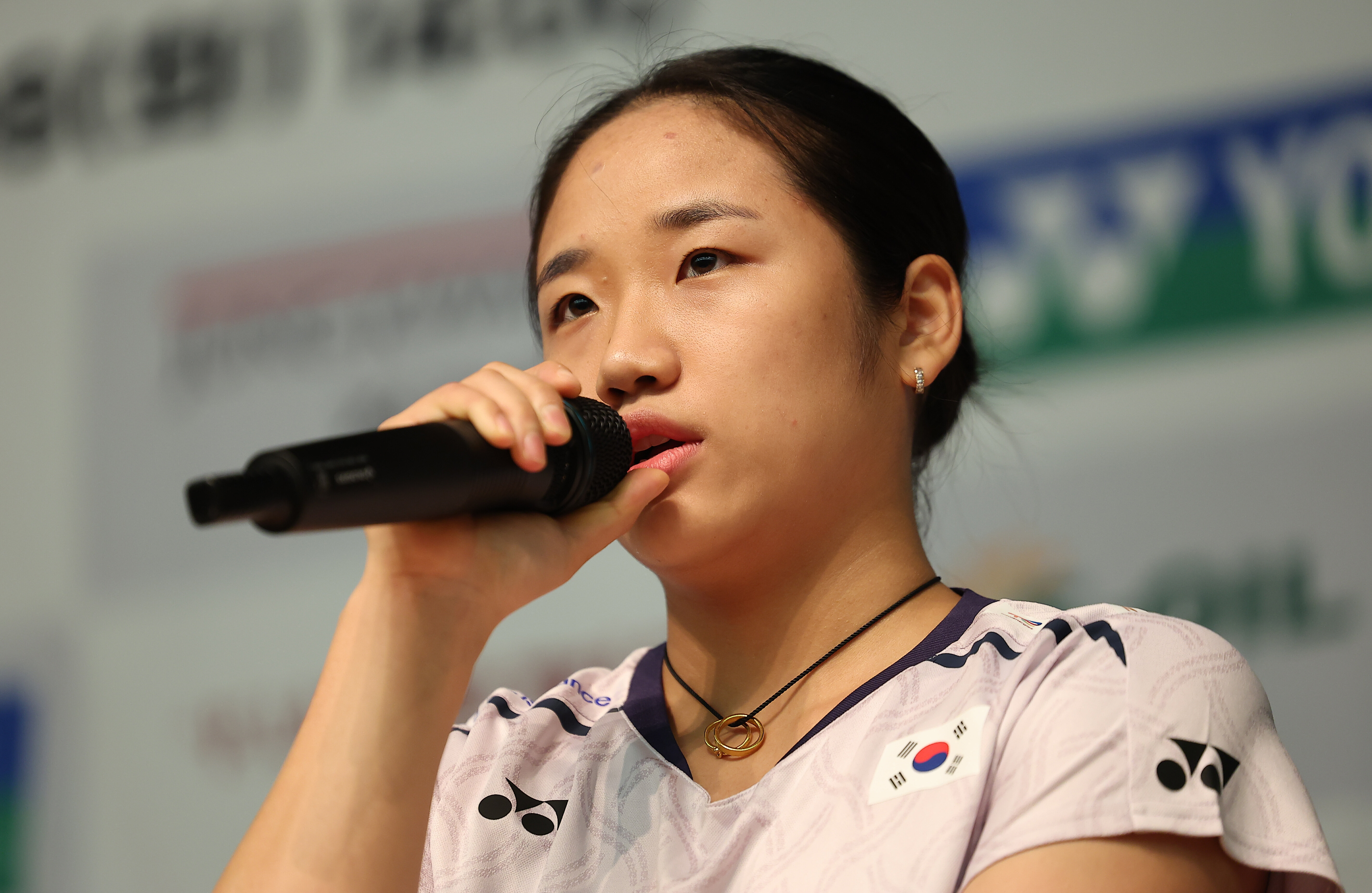 ▲ 대한민국 배드민턴 국가대표 안세영이 8일 진천 국가대표선수촌에서 열린 2026 아이치·나고야 아시안게임 대한배드민턴협회 미디어데이에서 발언하고 있다. ⓒ연합뉴스